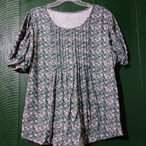Women's Pleated Floral Green Swing Top
